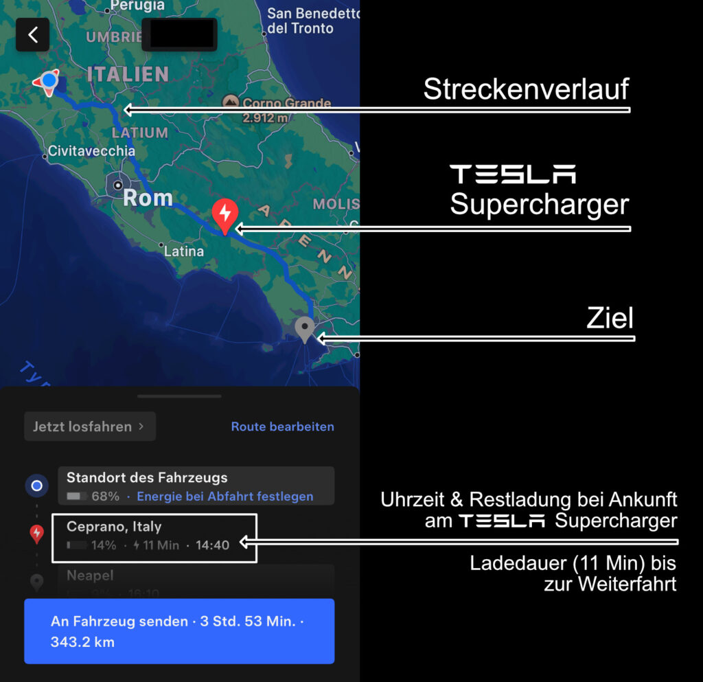 Navi Tesla Supercharger Strecke Italien mit Ladepoint.